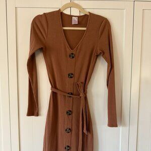 No Boundaries Ribbed Button-Front Midi Dress - Rust Brown Long Sleeve Tie Waist